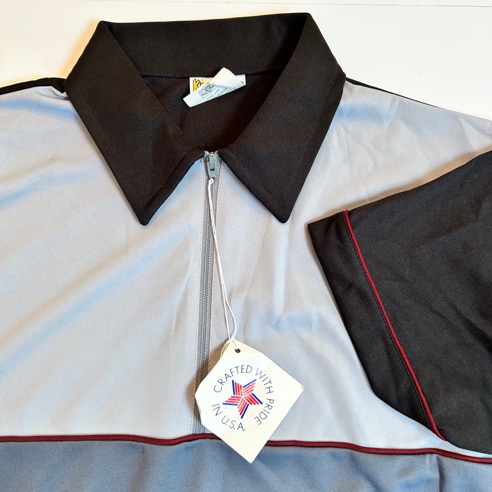 Vintage King Louie Creation USA Made Zip Up Gray Black Bowling Shirt Medium